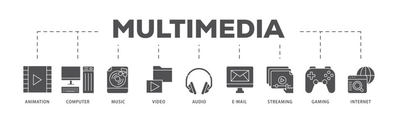 Multimedia infographic icon flow process which consists of e-mail, video, audio, internet, streaming, gaming, music, computer, animation icon live stroke and easy to edit .