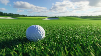 Fototapeta premium Close-up of a White Golf Ball on a Lush Green Golf Course Grass