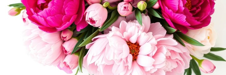 Obraz premium A beautiful arrangement of fresh pink peonies and roses on a white background with space for text, peonies, beauty, elegant