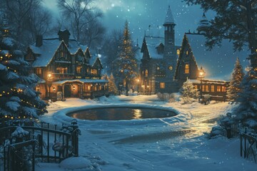 Obraz premium Classic Christmas Village: A Snowy Night's Landscape