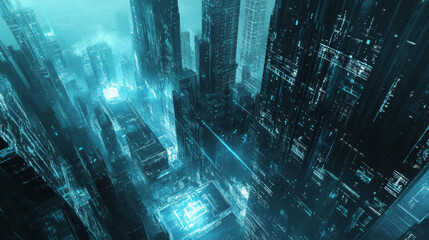 Obraz premium Abstract future city building tech background. Blue digital smart futuristic cityscape concept. Innovation and data hologram for virtual reality. Cyber metaverse network bg. Urban business energy