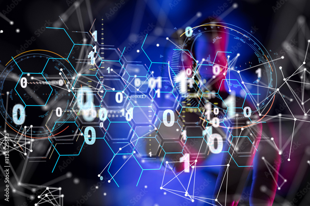 Poster Neural network 3D illustration. Big data and cybersecurity
