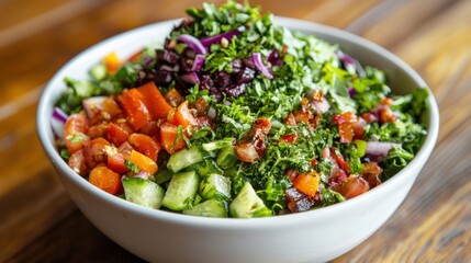 A fresh salad with vibrant green vegetables and colorful toppings in a white bowl
