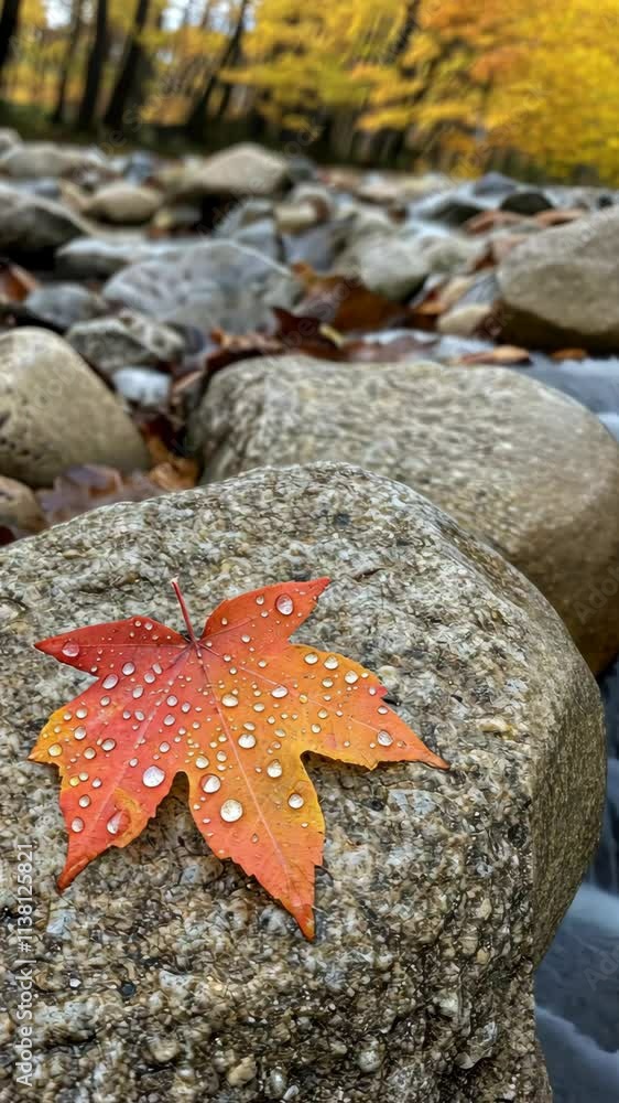 Poster beautiful autumn leaf with droplets resting on a rock by a flowing stream in a serene forest