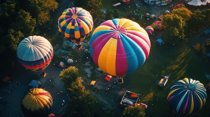Fototapeta premium Colorful hot air balloons soaring high above a scenic green landscape during golden hour showcasing adventure and travel concepts