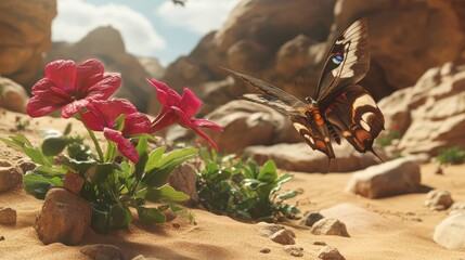 Obraz premium Vibrant Butterfly Fluttering Near Colorful Flowers in Desert Landscape