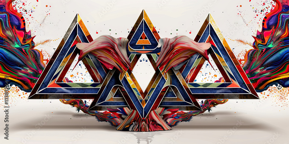 Poster abstract composition with interlocking triangles and swirling paint