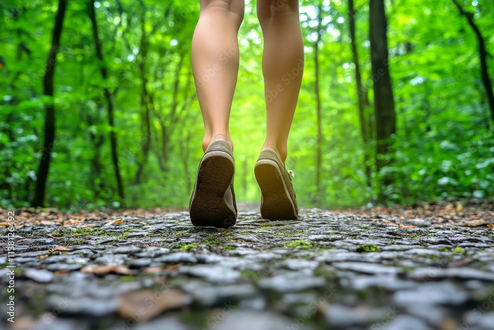 Poster bare feet walking on a sunlit forest path, with mossy ground and dappled light filtering through the