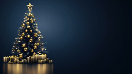 An elegant Christmas tree with gold ornaments and soft bokeh lights on a dark blue background, perfect for holiday cards, banners, invitation templates, celebrations, parties, business promotions