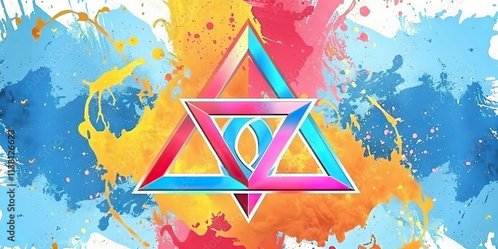 Poster overlapping triangles on abstract paint splatter background