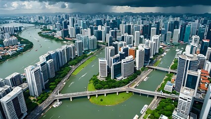 Aerial View of Singapore's Urban Landscape with River and Bridges