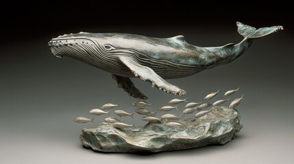 Fototapeta premium Detailed Bronze Sculpture of a Humpback Whale and Fish School
