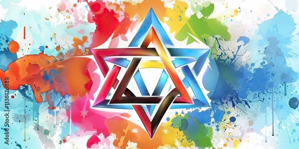 Poster multicolored three-dimensional star of david with paint splatter background