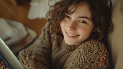 A person wearing a brown sweater looks at the camera