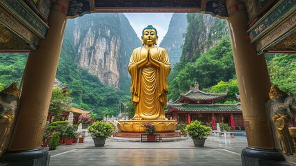 Obraz premium Majestic Golden Buddha Statue Surrounded by Lush Green Mountains