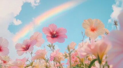 Obraz premium Pink and yellow flowers with a rainbow and blue sky