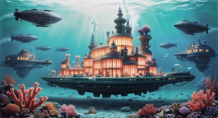 Obraz premium A surreal underwater city with glowing coral towers and luminescent sea creatures hand drawing