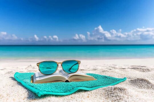 Sand-covered feet on a beach towel, with a paperback book and sunglasses nearby, capturing a lazy summer day