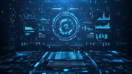 Hud ui game frame. Tech interface element. Cyber space hologram to display menu data. Digital sci fi bar border for infographic layout. Blue virtual dashboard label. Spaceship techno window design