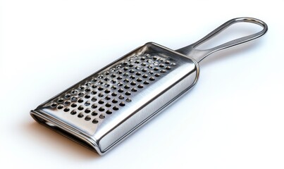 A cheese grater, kitchen tool, multifunctional design, metallic finish, isolated on white background