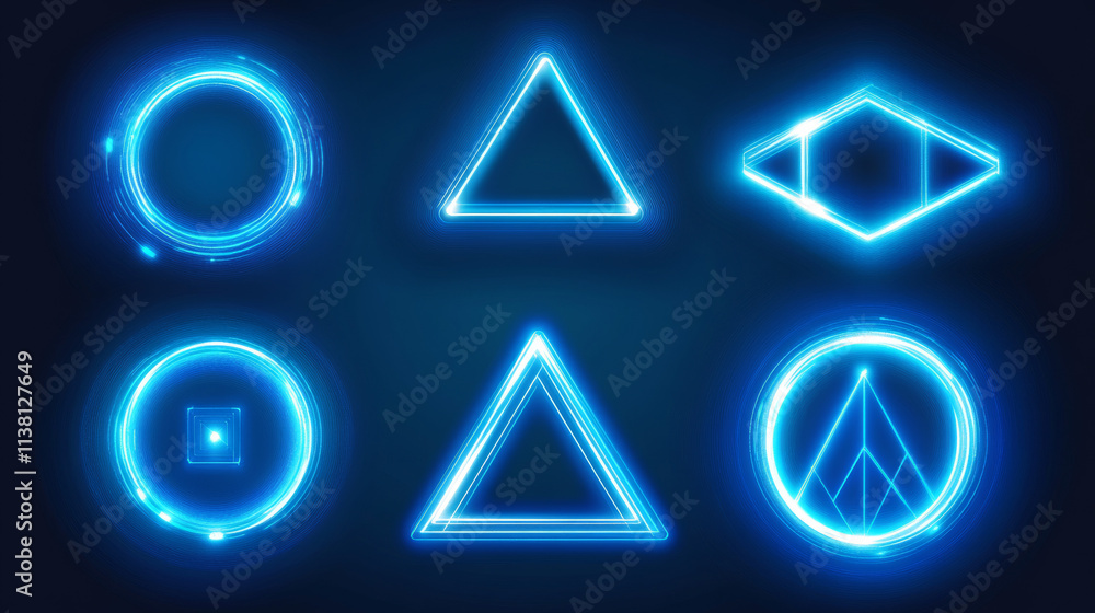 Poster futuristic glowing frames in neon blue set on dark background. geometric tech designs of oval, asymm