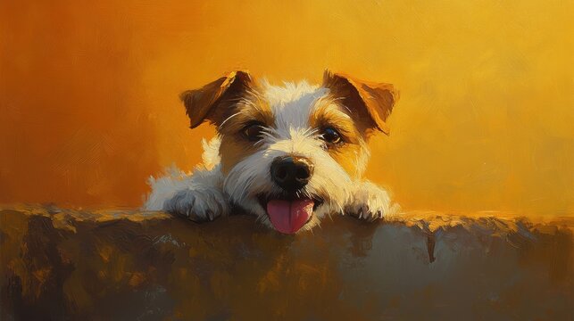 A joyful dog looking over a wall, capturing the essence of happiness and curiosity.