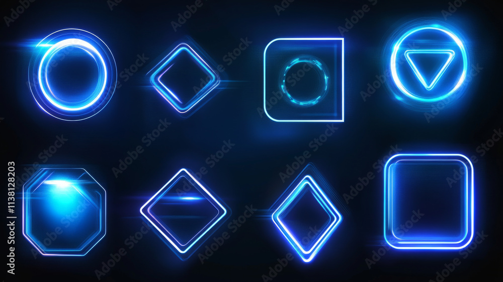 Poster futuristic glowing frames in neon blue set on dark background. geometric tech designs of oval, asymm