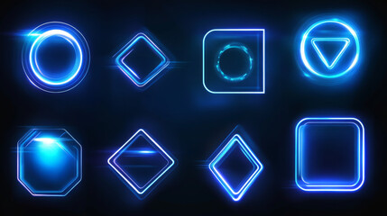 Futuristic glowing frames in neon blue set on dark background. Geometric tech designs of oval, asymmetric polygon, round and rhombus shapes for cyberpunk game interface elements or sci fi graphics.