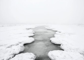 Serene Winter River Under Hazy Sky A Pastel Landscape of Frozen Beauty
