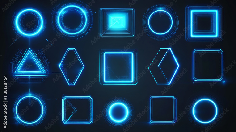 Poster futuristic glowing frames in neon blue set on dark background. geometric tech designs of oval, asymm