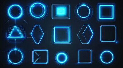 Futuristic glowing frames in neon blue set on dark background. Geometric tech designs of oval, asymmetric polygon, round and rhombus shapes for cyberpunk game interface elements or sci fi graphics.