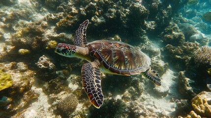 Fototapeta premium Elegant Sea Turtle Swimming Among Vibrant Coral Reef in Ocean