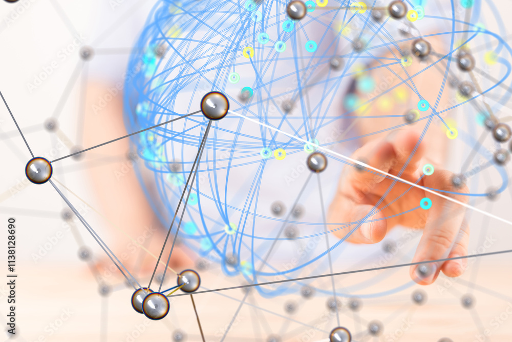 Poster Global network. Blockchain. 3D illustration. Neural networks and artificial intelligence. Abstract