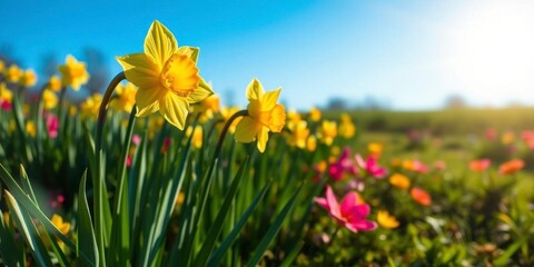 Fototapeta premium Beautiful daffodil flowers blooming in a vast field under the clear blue sky, garden, flora