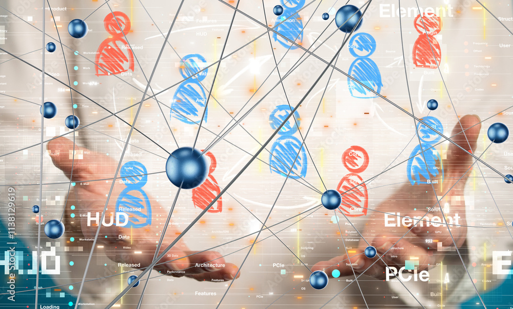Poster Global network. Blockchain. 3D illustration. Neural networks and artificial intelligence. Abstract