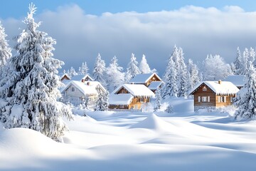 Naklejka premium Christmas village with snow-covered houses, streetlights, and a decorated tree 