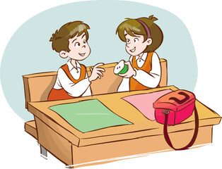happy cute child kid shares apple with her friend.child student shares her meal with her friend.Child food sharing, vector illustration