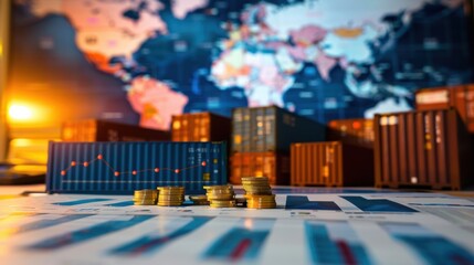 Analysis of global trade tariffs with documents, financial charts, and world map, illustrating the impact of customs duties and new regulations on international commerce and market conditions 