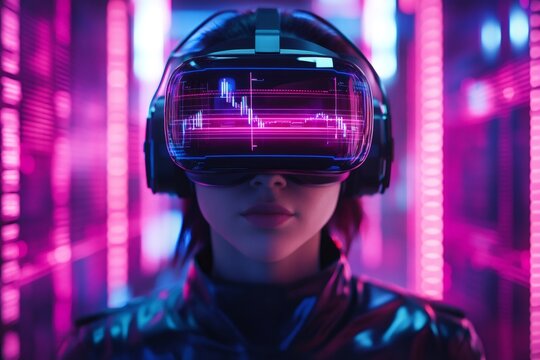 Woman wearing vr headset analyzing financial data in futuristic metaverse