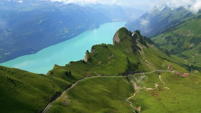 Drone view along a rocky mountain ridge at Brienzer Rothorn Swiss mountain