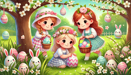 Fototapeta premium Cute little children hunting eggs in park. Easter tradition. Cartoon
