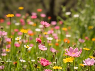 Bright yellow daffodil flowers blooming in a vast field under the warm sunlight, tranquil, rural, beauty