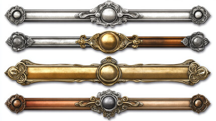 Golden, silver, bronze, copper and rusty metal avatar frames, vector game assets. Rusty metal circle frames and gold rings, GUI or game UI elements and arcade game circle box borders or menu buttons