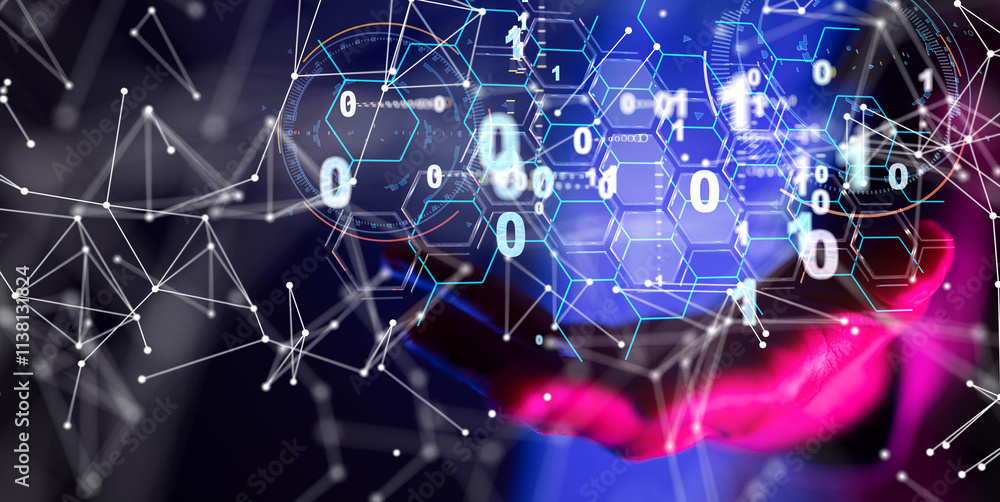 Poster Neural network 3D illustration. Big data and cybersecurity