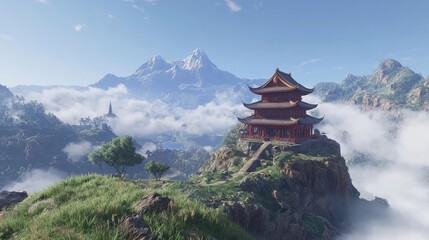 Serene Mountain Temple View Beneath Vast Blue Sky and Clouds