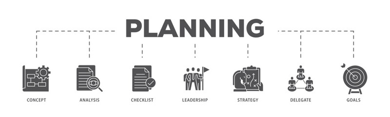 Planning infographic icon flow process which consists of concept, analysis, checklist, leadership, strategy, delegate and goals icon live stroke and easy to edit .