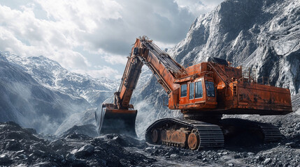 A rusty excavator stands against rugged mountains, digging through rocky terrain, symbolizing heavy industry, construction, and raw power in a remote landscape