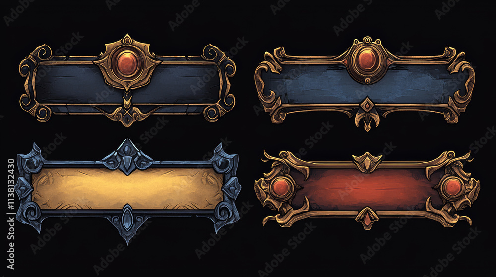Poster frames medieval game ui. metallic title banners, decorative borders. vector assets for web or game d