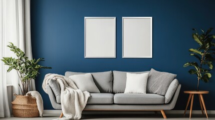 White frames on a deep blue wall, a cozy gray sofa in the foreground