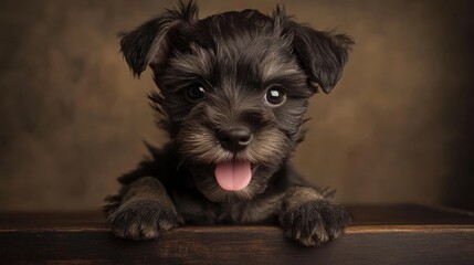 A playful black puppy with bright eyes and a happy expression resting on a wooden surface.